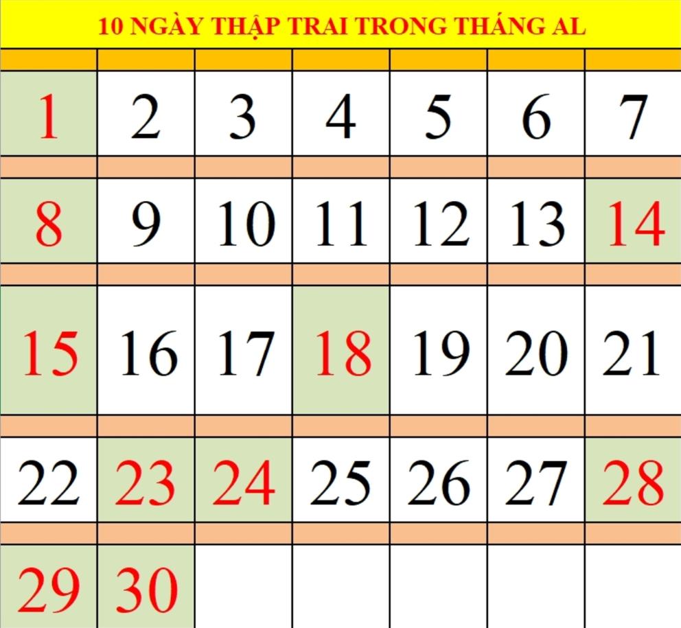 Lịch ăn chay 10 ngày theo lịch âm