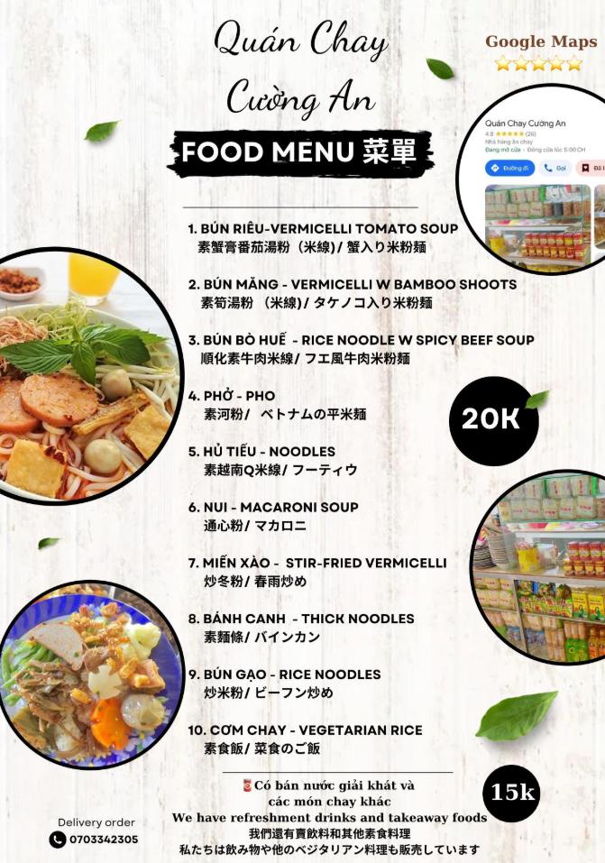 Menu tại quán chay Cường An