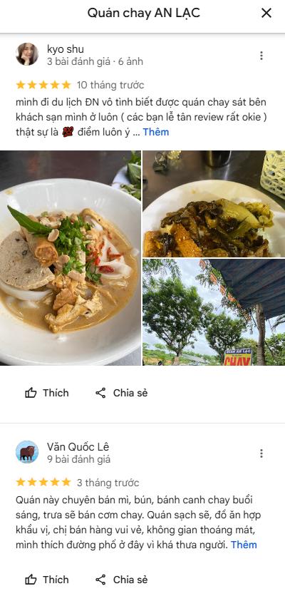 Thực khách đánh giá về chất lượng tại quán chay An Lạc trên gmap